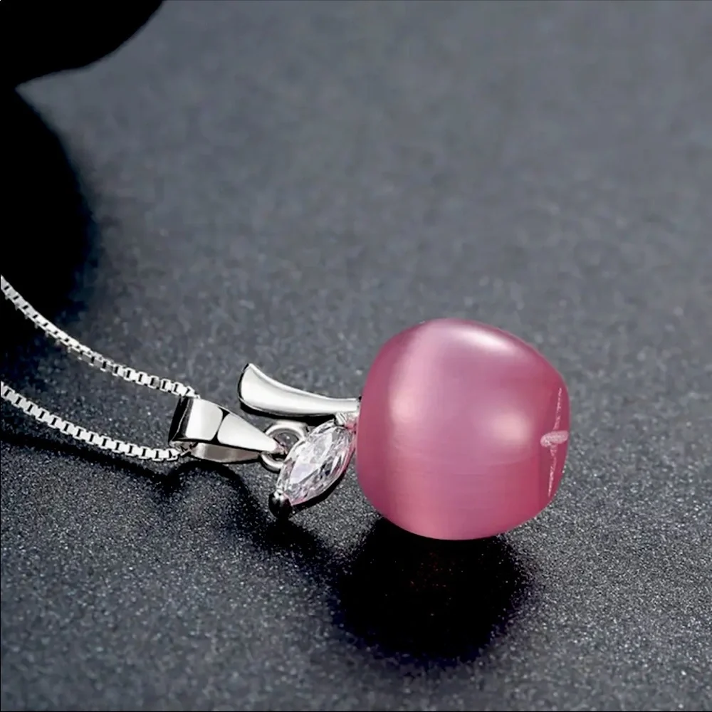 Pink Opal Apple Charm Pendant Necklace